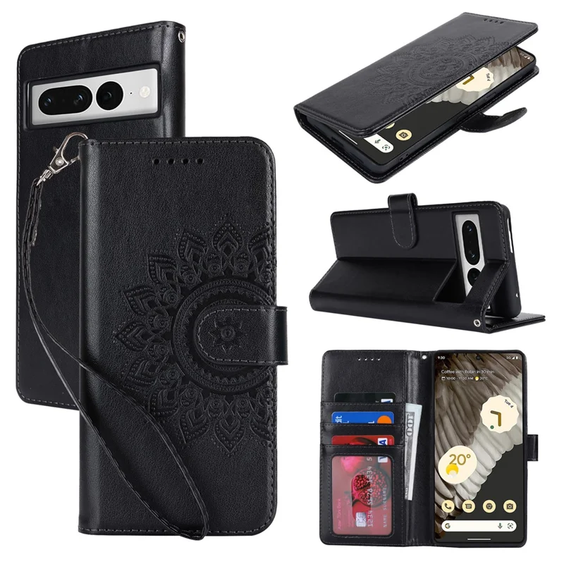 For Google Pixel 7 Pro 5G Case Textured Leather Wallet Phone Cover with Strap - Black