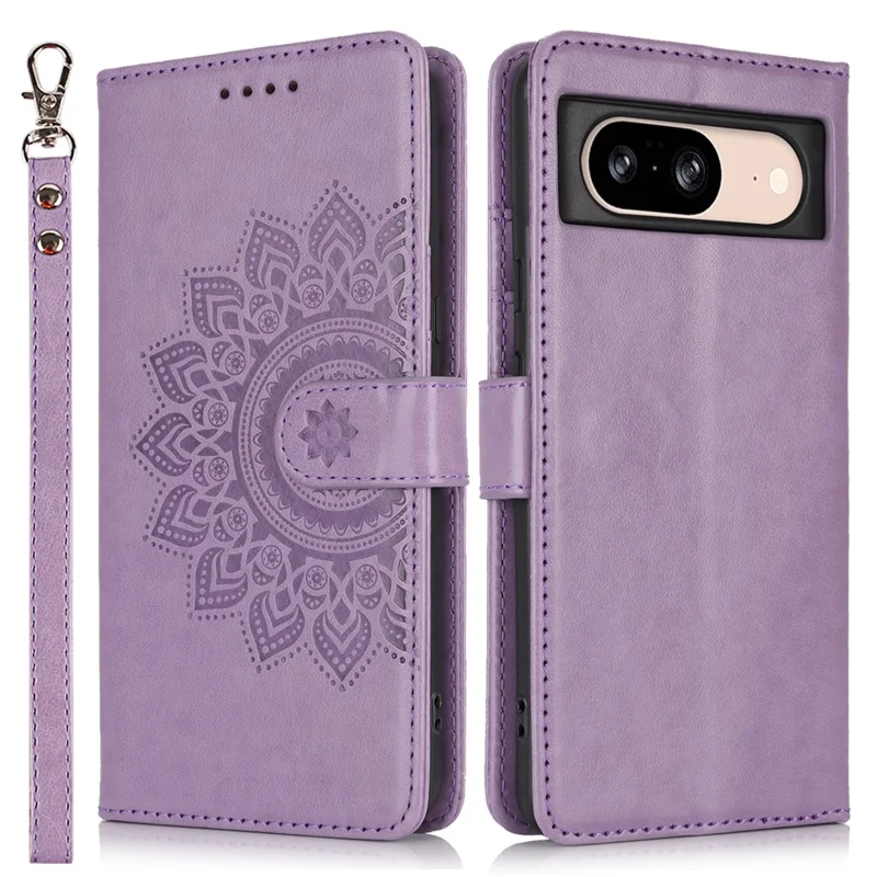 For Google Pixel 8 Case Textured Leather Wallet Phone Cover with Strap - Purple