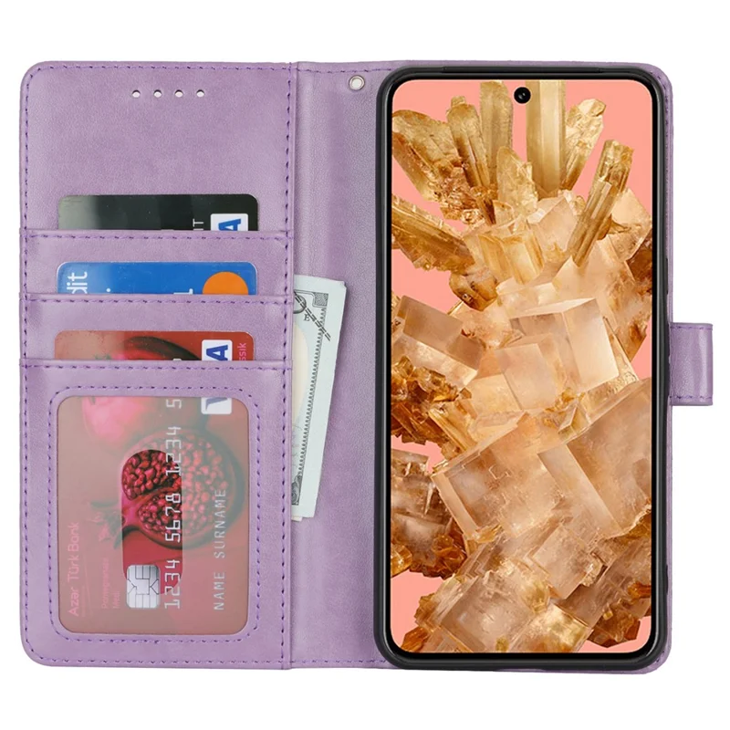 For Google Pixel 8 Case Textured Leather Wallet Phone Cover with Strap - Purple