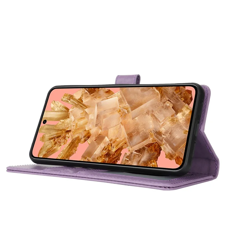 For Google Pixel 8 Case Textured Leather Wallet Phone Cover with Strap - Purple