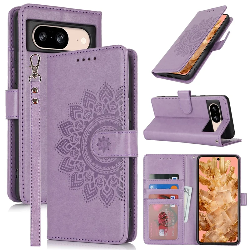 For Google Pixel 8 Case Textured Leather Wallet Phone Cover with Strap - Purple