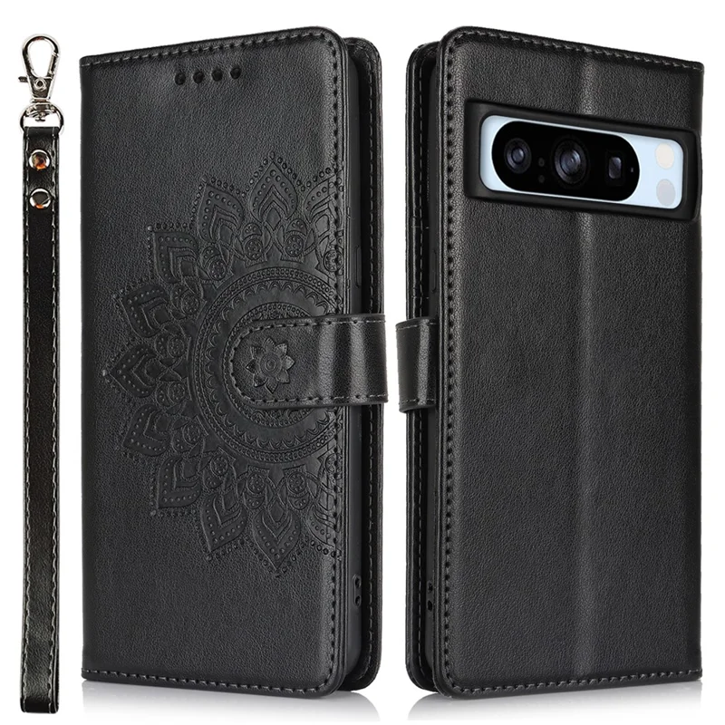 For Google Pixel 8 Pro Case Textured Leather Wallet Phone Cover with Strap - Black
