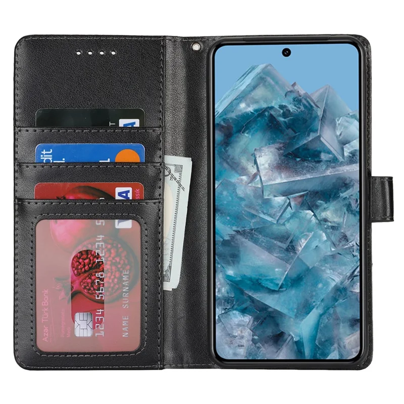 For Google Pixel 8 Pro Case Textured Leather Wallet Phone Cover with Strap - Black