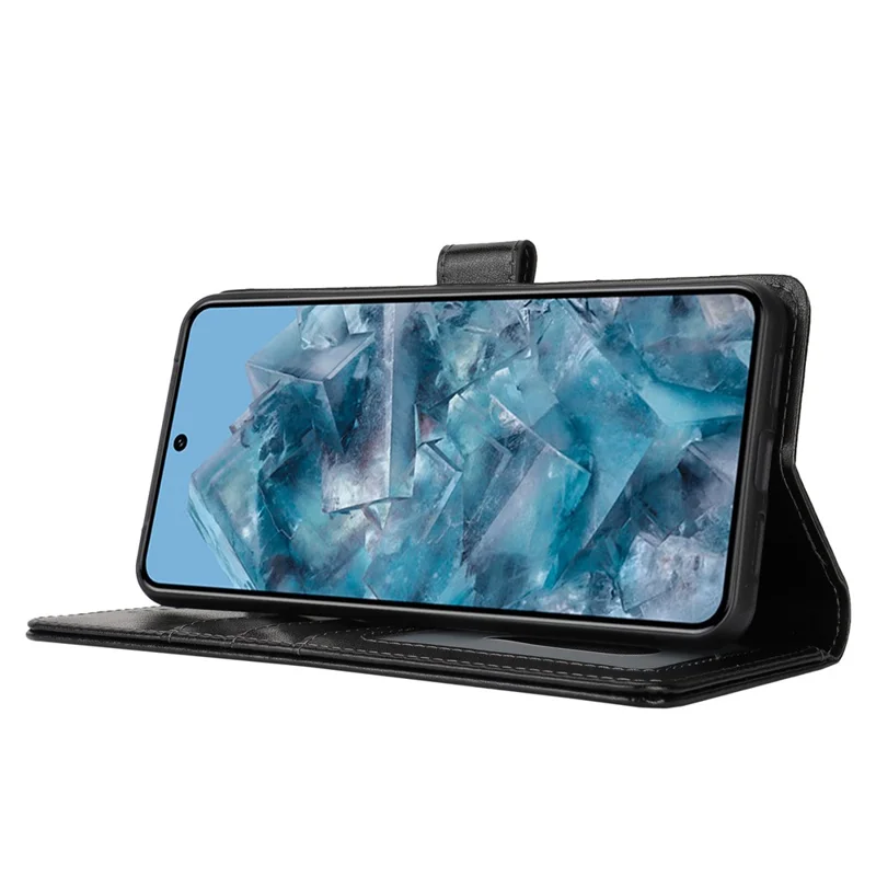 For Google Pixel 8 Pro Case Textured Leather Wallet Phone Cover with Strap - Black