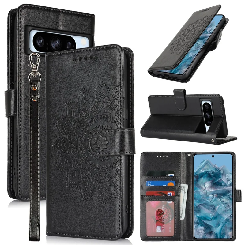 For Google Pixel 8 Pro Case Textured Leather Wallet Phone Cover with Strap - Black