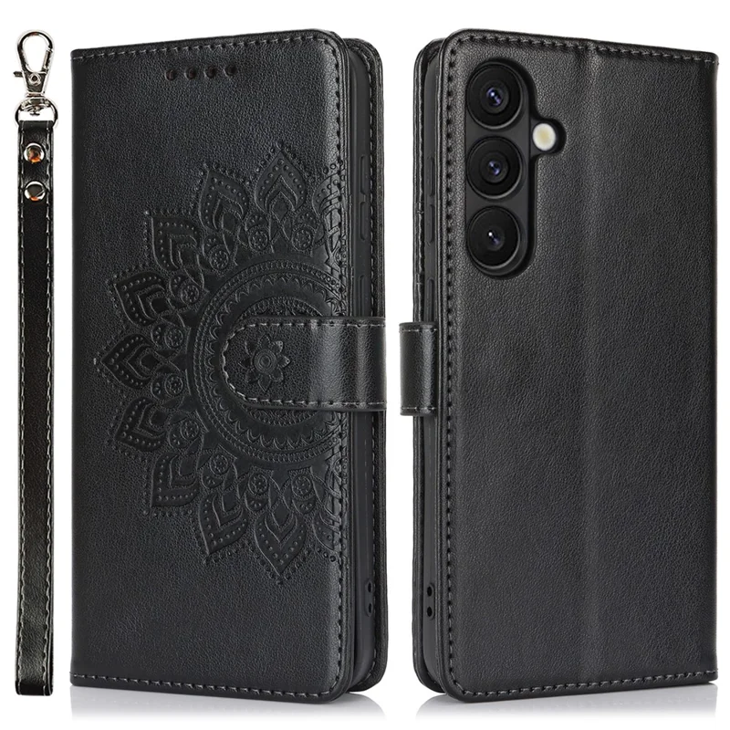 For Samsung Galaxy S24 Case Textured Leather Wallet Phone Cover with Strap - Black