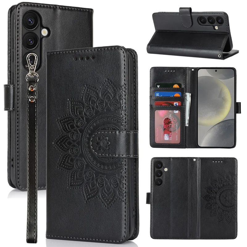 For Samsung Galaxy S24 Case Textured Leather Wallet Phone Cover with Strap - Black