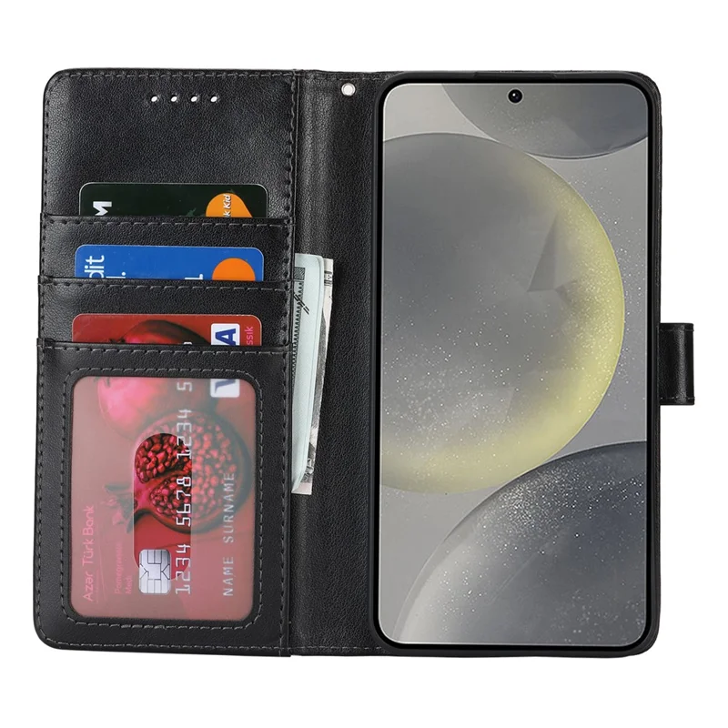 For Samsung Galaxy S24 Case Textured Leather Wallet Phone Cover with Strap - Black