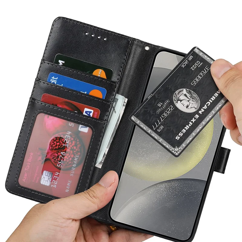 For Samsung Galaxy S24 Case Textured Leather Wallet Phone Cover with Strap - Black