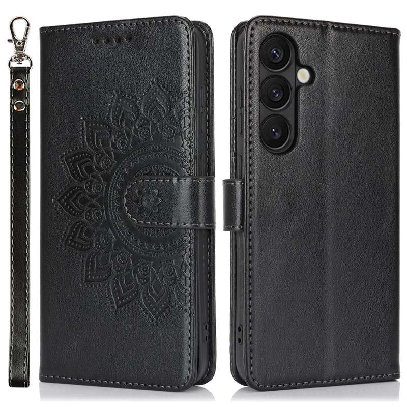 For Samsung Galaxy S24+ Stand Case Textured Leather Wallet Phone Cover with Strap - Black
