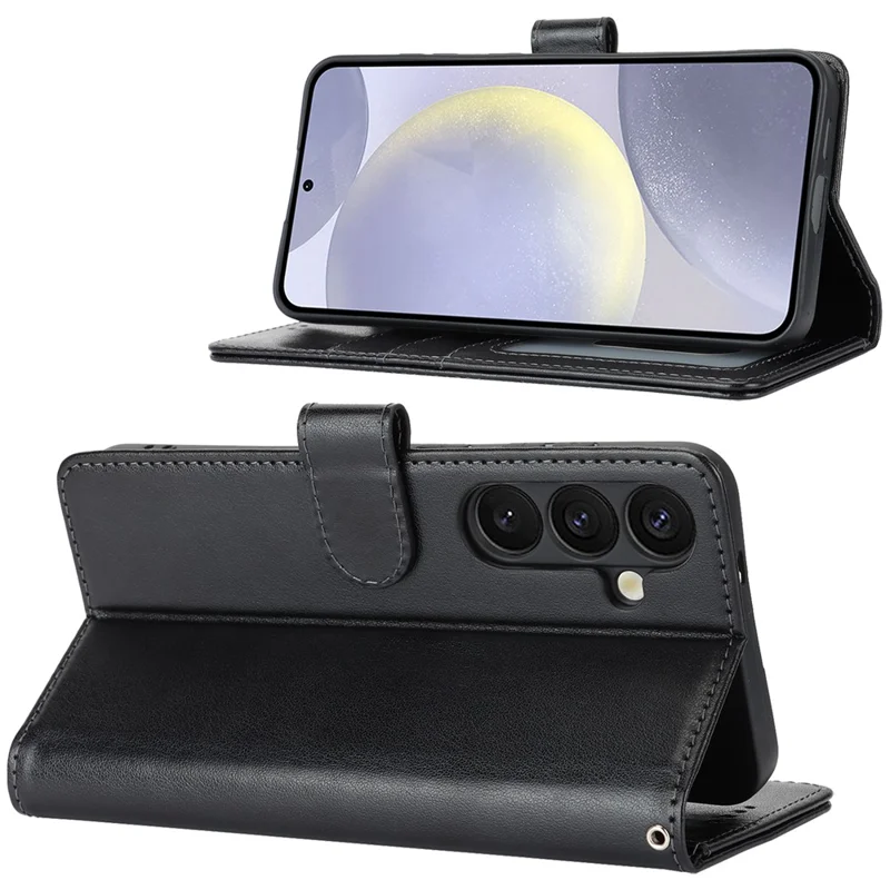 For Samsung Galaxy S24+ Stand Case Textured Leather Wallet Phone Cover with Strap - Black