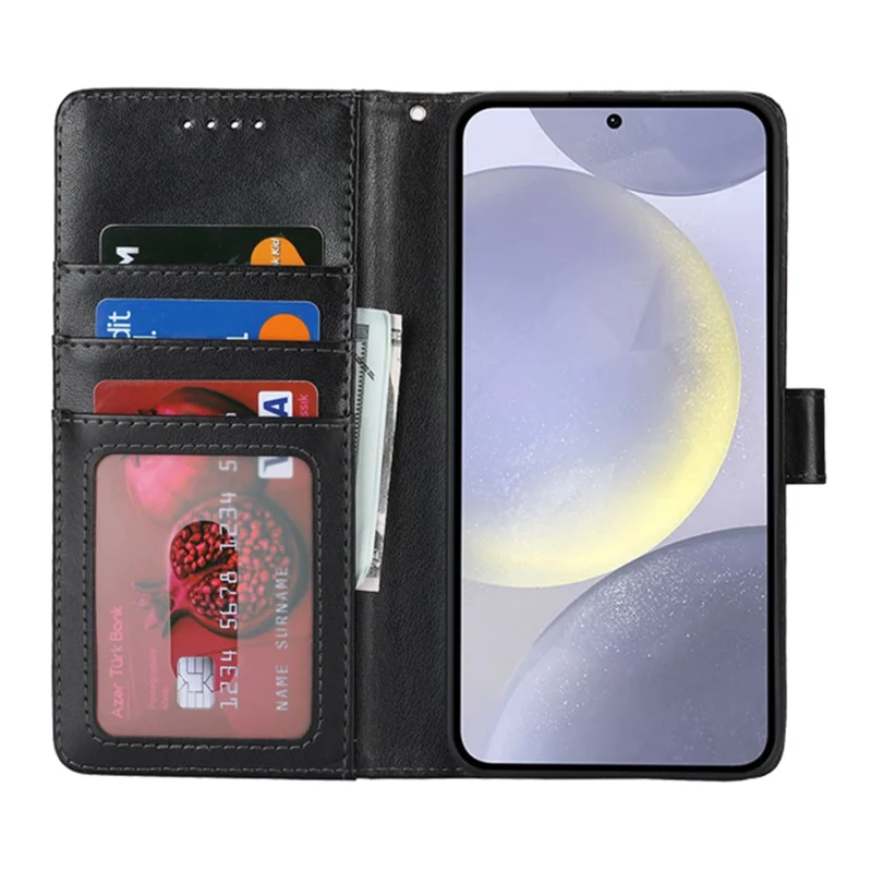 For Samsung Galaxy S24+ Stand Case Textured Leather Wallet Phone Cover with Strap - Black