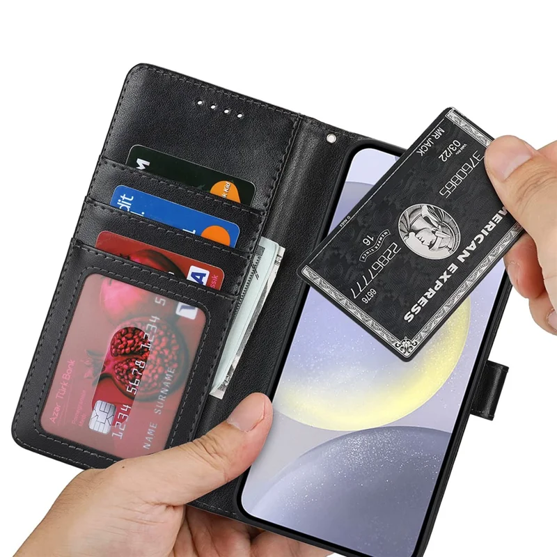For Samsung Galaxy S24+ Stand Case Textured Leather Wallet Phone Cover with Strap - Black