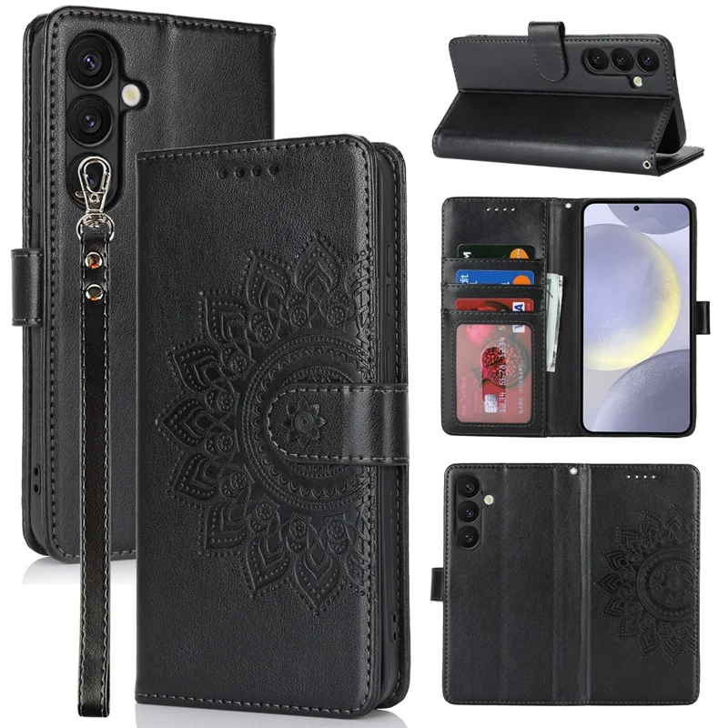 For Samsung Galaxy S24+ Stand Case Textured Leather Wallet Phone Cover with Strap - Black