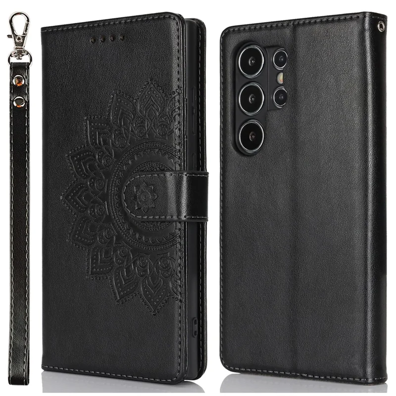 For Samsung Galaxy S24 Ultra Stand Case Textured Leather Wallet Phone Cover with Strap - Black