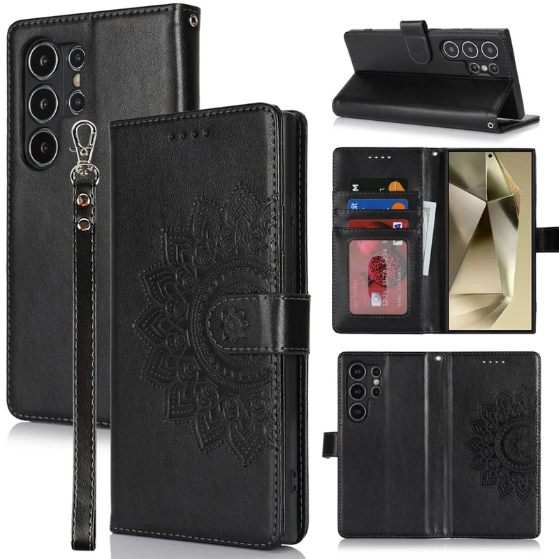 For Samsung Galaxy S24 Ultra Stand Case Textured Leather Wallet Phone Cover with Strap - Black