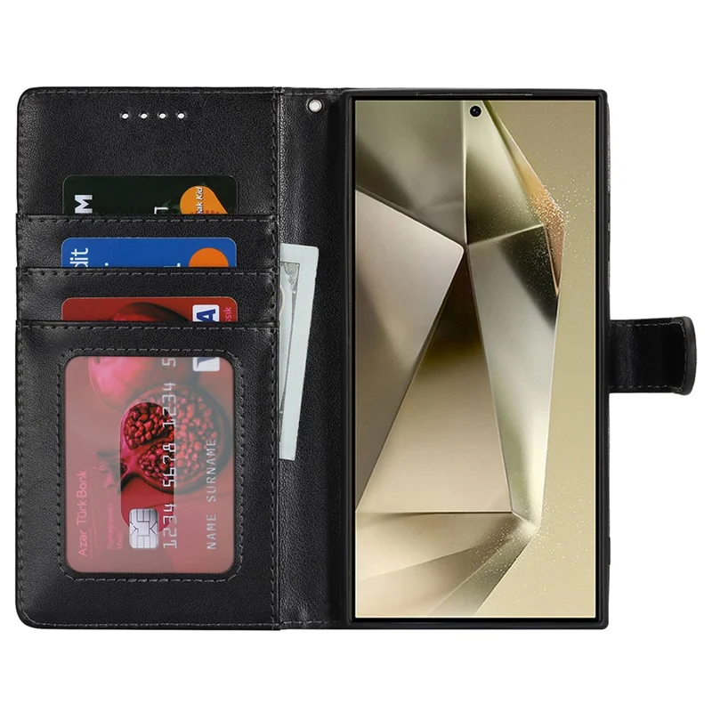 For Samsung Galaxy S24 Ultra Stand Case Textured Leather Wallet Phone Cover with Strap - Black