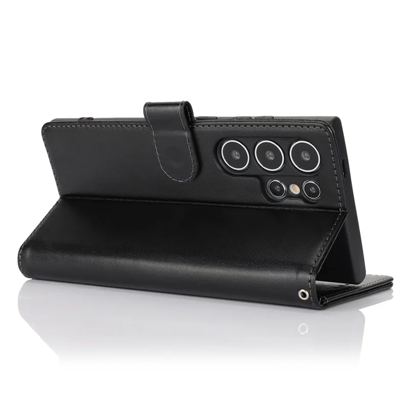 For Samsung Galaxy S24 Ultra Stand Case Textured Leather Wallet Phone Cover with Strap - Black
