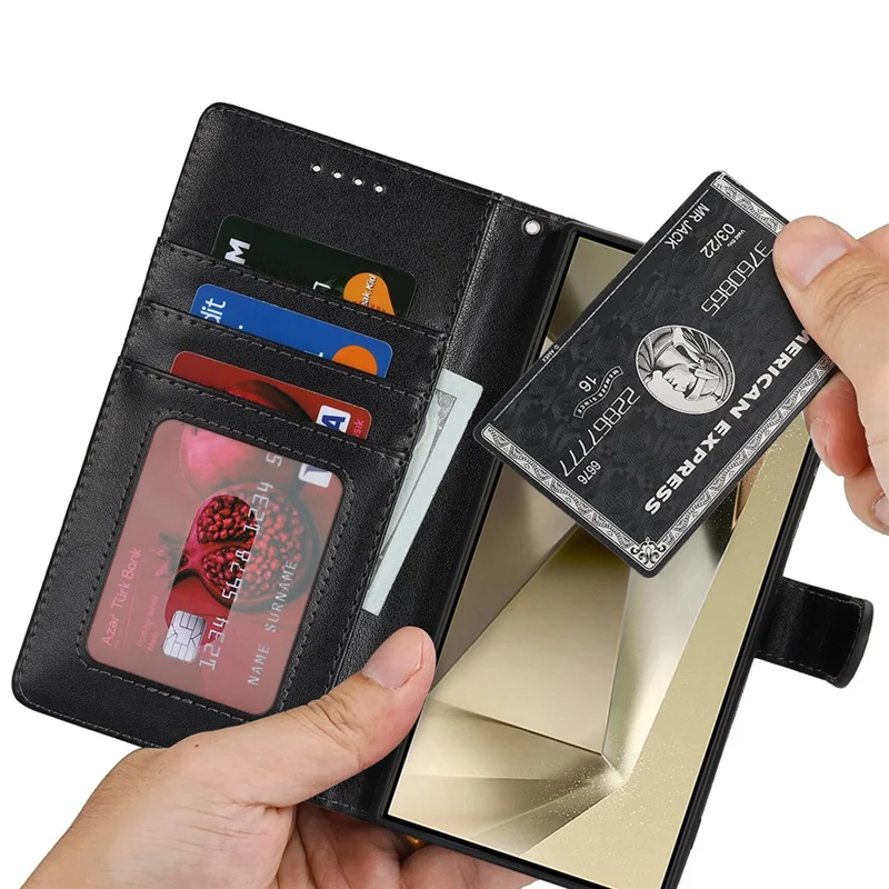 For Samsung Galaxy S24 Ultra Stand Case Textured Leather Wallet Phone Cover with Strap - Black