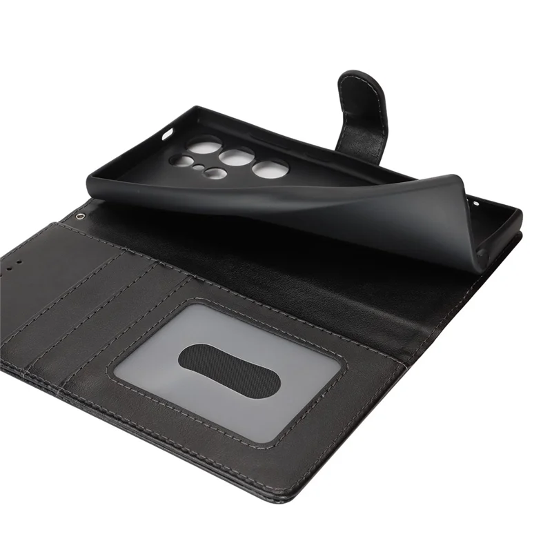 For Samsung Galaxy S24 Ultra Stand Case Textured Leather Wallet Phone Cover with Strap - Black