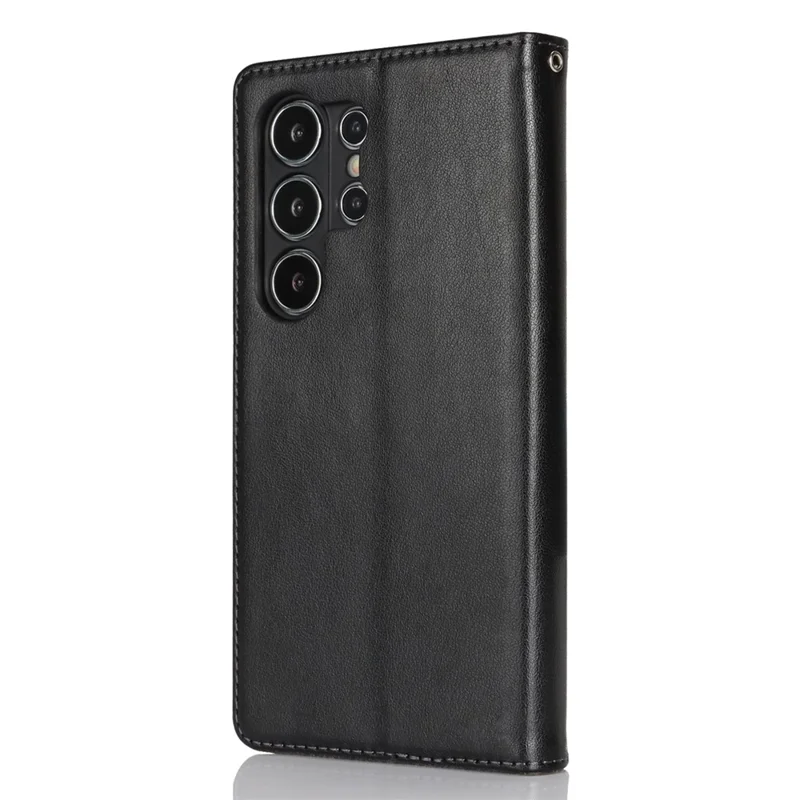 For Samsung Galaxy S24 Ultra Stand Case Textured Leather Wallet Phone Cover with Strap - Black