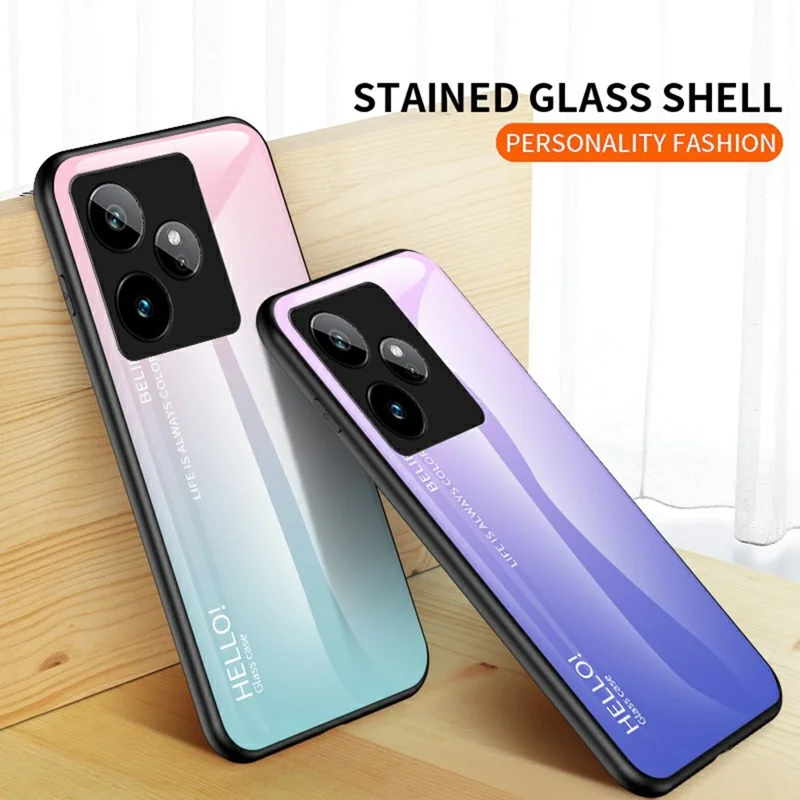 For Realme GT 7 5G Case Anti-Scratch Tempered Glass + PC + TPU Phone Cover - Gradient Pink Blue