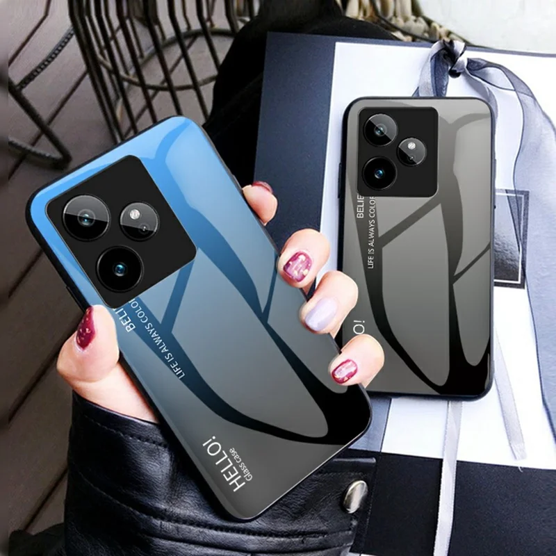 For Realme GT 7 5G Case Anti-Scratch Tempered Glass + PC + TPU Phone Cover - Gradient Pink Blue
