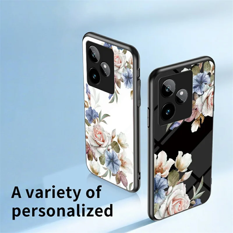 For Realme GT 7 5G Case Floral Pattern TPU + Tempered Glass Protective Phone Cover - Black Flower Bush