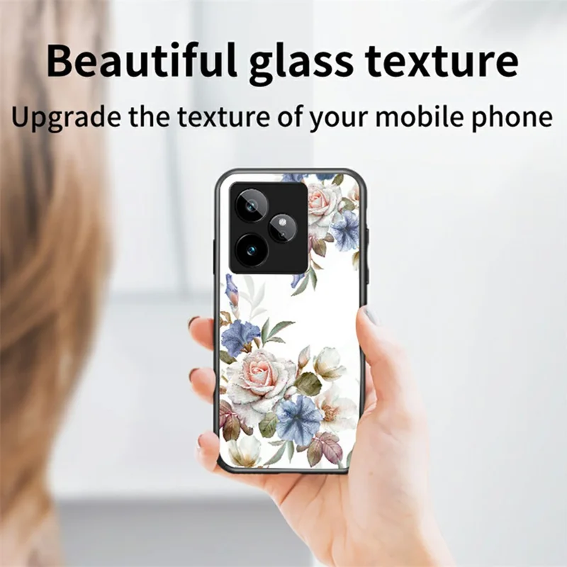 For Realme GT 7 5G Case Floral Pattern TPU + Tempered Glass Protective Phone Cover - Black Flower Bush
