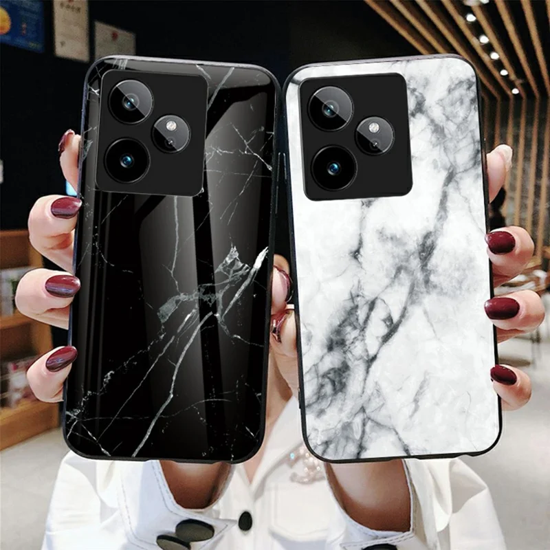 For Realme GT 7 5G Case Marble Pattern Tempered Glass + PC + TPU Protective Phone Cover - White Marble