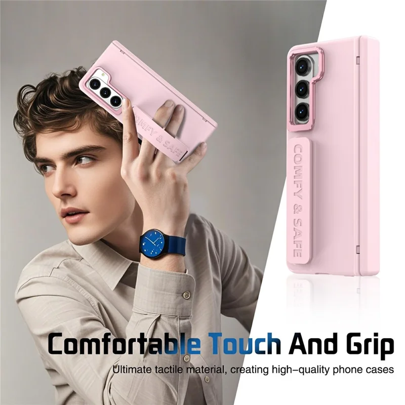 Cover per Samsung Galaxy Z Fold5 5G con Supporto, Protezione Obiettivo e Cerniera, Custodia Rigida per Telefono con Pellicola Protettiva - Rosa