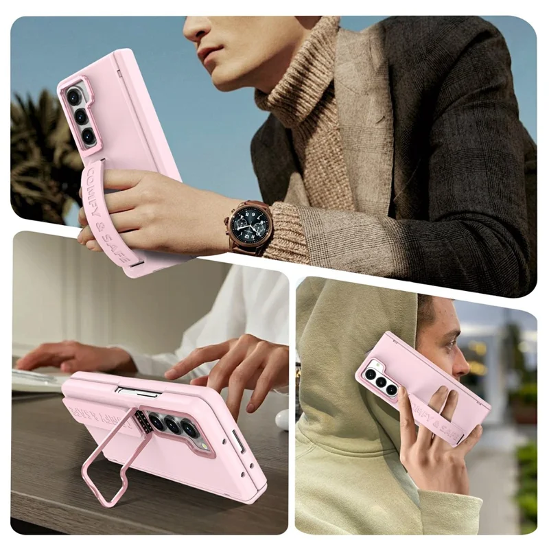 Cover per Samsung Galaxy Z Fold5 5G con Supporto, Protezione Obiettivo e Cerniera, Custodia Rigida per Telefono con Pellicola Protettiva - Rosa