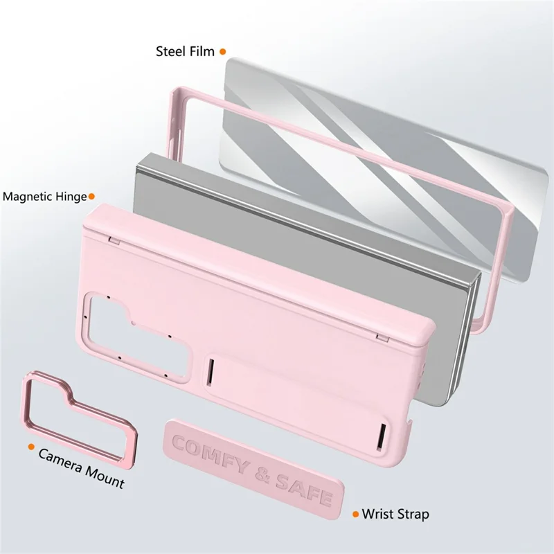 Cover per Samsung Galaxy Z Fold5 5G con Supporto, Protezione Obiettivo e Cerniera, Custodia Rigida per Telefono con Pellicola Protettiva - Rosa