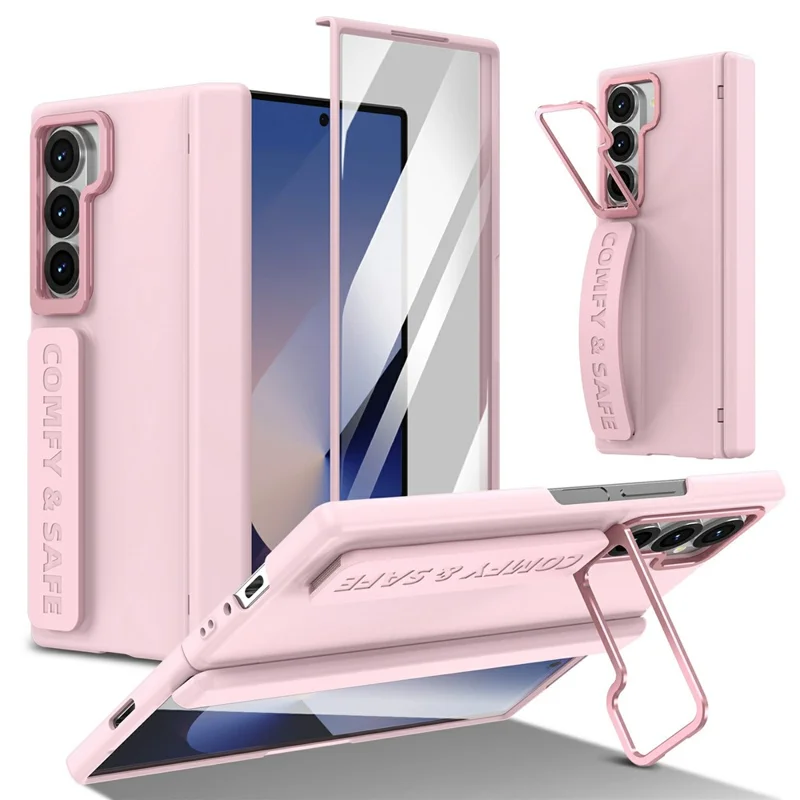 Für Samsung Galaxy Z Fold6 5G Hülle Objektiv-Ständer Scharnier-Schutz PC Handyhülle mit Displayschutzfolie - Rosa
