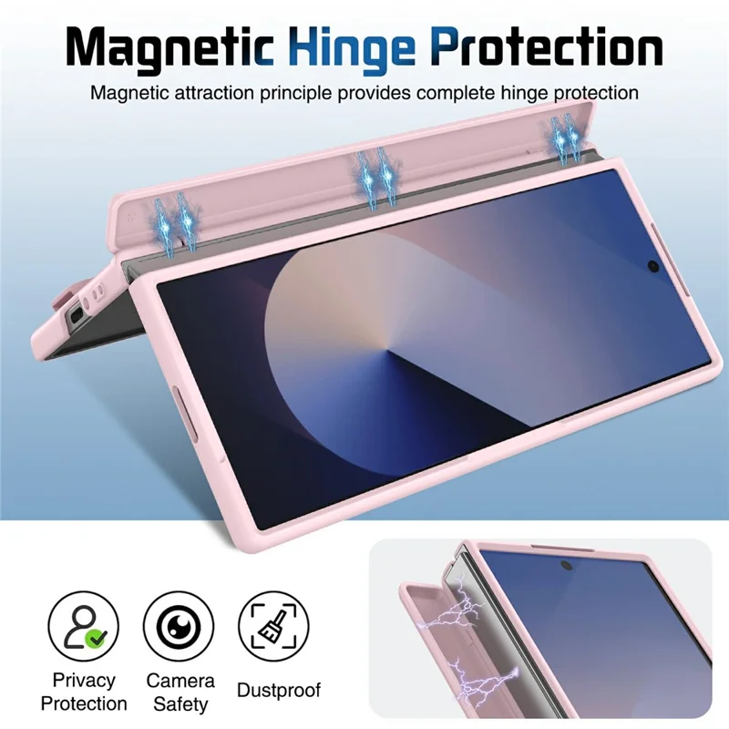 Für Samsung Galaxy Z Fold6 5G Hülle Objektiv-Ständer Scharnier-Schutz PC Handyhülle mit Displayschutzfolie - Rosa