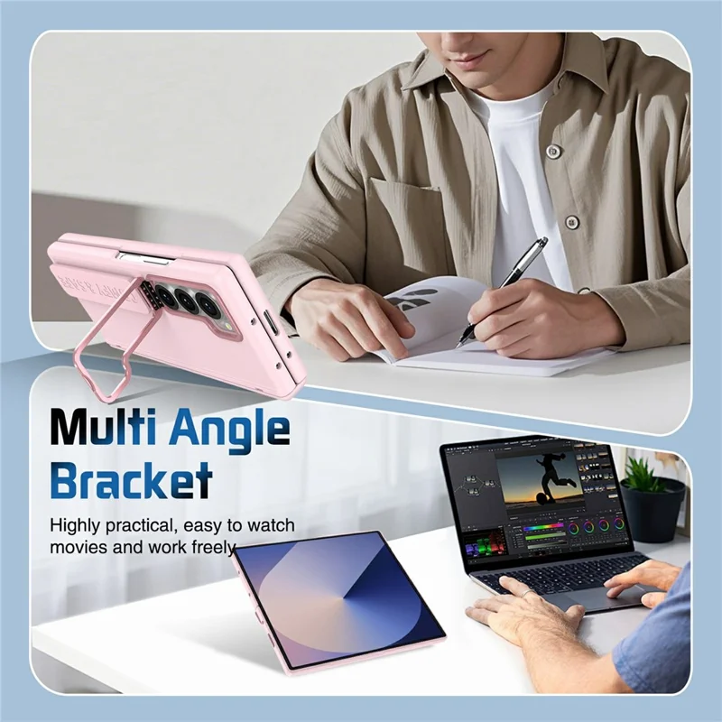 Für Samsung Galaxy Z Fold6 5G Hülle Objektiv-Ständer Scharnier-Schutz PC Handyhülle mit Displayschutzfolie - Rosa