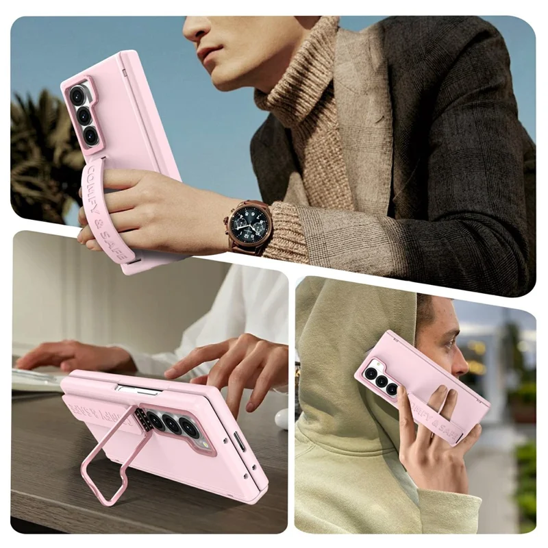 Für Samsung Galaxy Z Fold6 5G Hülle Objektiv-Ständer Scharnier-Schutz PC Handyhülle mit Displayschutzfolie - Rosa