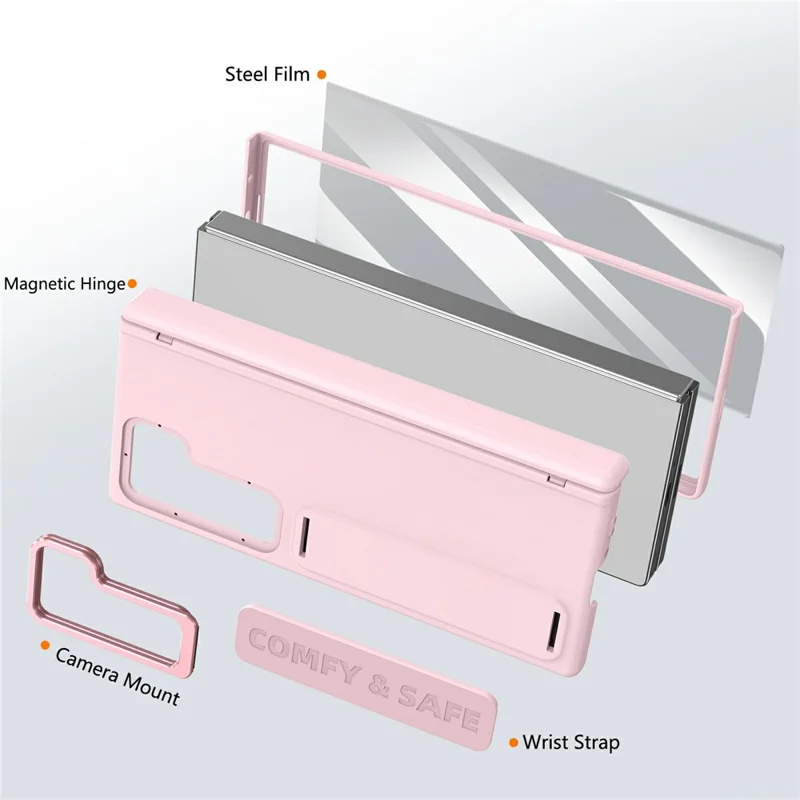 Für Samsung Galaxy Z Fold6 5G Hülle Objektiv-Ständer Scharnier-Schutz PC Handyhülle mit Displayschutzfolie - Rosa