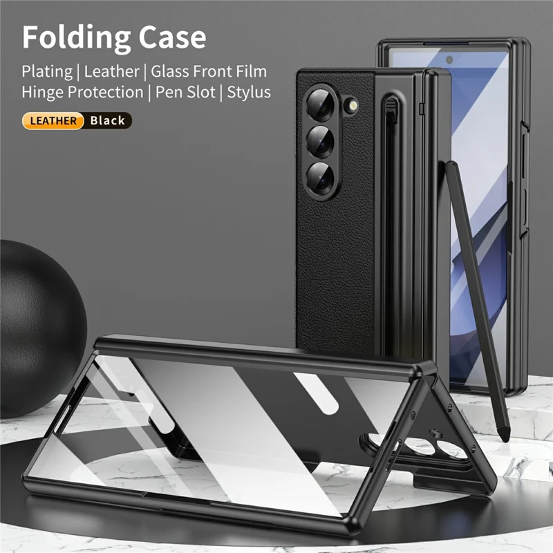 Capa para Samsung Galaxy Z Fold7 5G Fosca Eletroplastificada em Couro + PC com Película de Tela / Caneta Stylus - Preto
