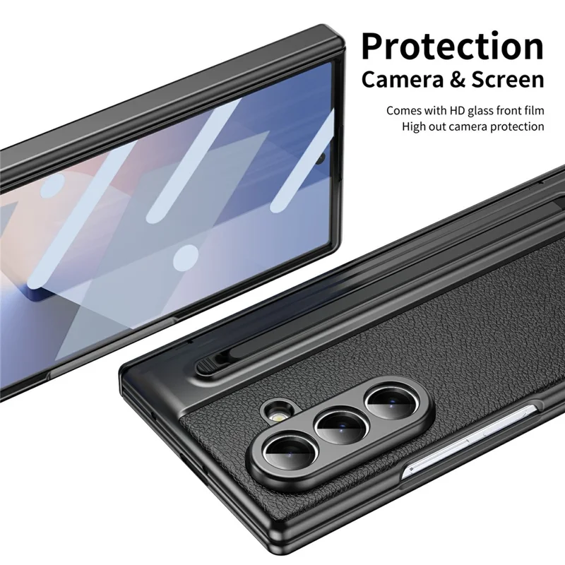 Capa para Samsung Galaxy Z Fold7 5G Fosca Eletroplastificada em Couro + PC com Película de Tela / Caneta Stylus - Preto