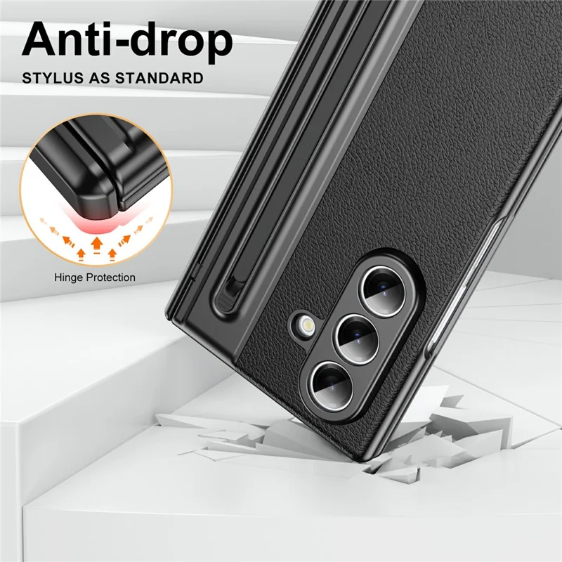 Capa para Samsung Galaxy Z Fold7 5G Fosca Eletroplastificada em Couro + PC com Película de Tela / Caneta Stylus - Preto