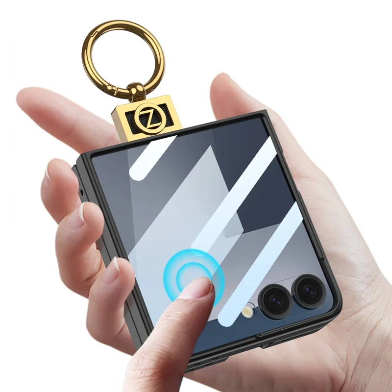 GKK For Samsung Galaxy Z Flip7 5G PC Phone Case with Ring Holder + Tempered Glass Front Screen Film - Black