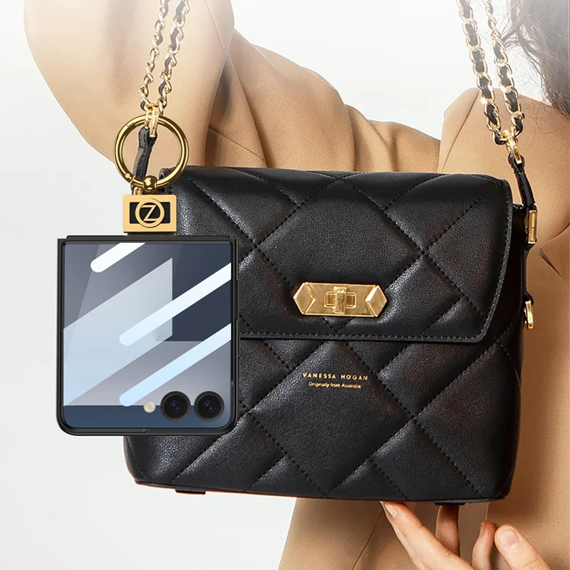 GKK For Samsung Galaxy Z Flip7 5G PC Phone Case with Ring Holder + Tempered Glass Front Screen Film - Black