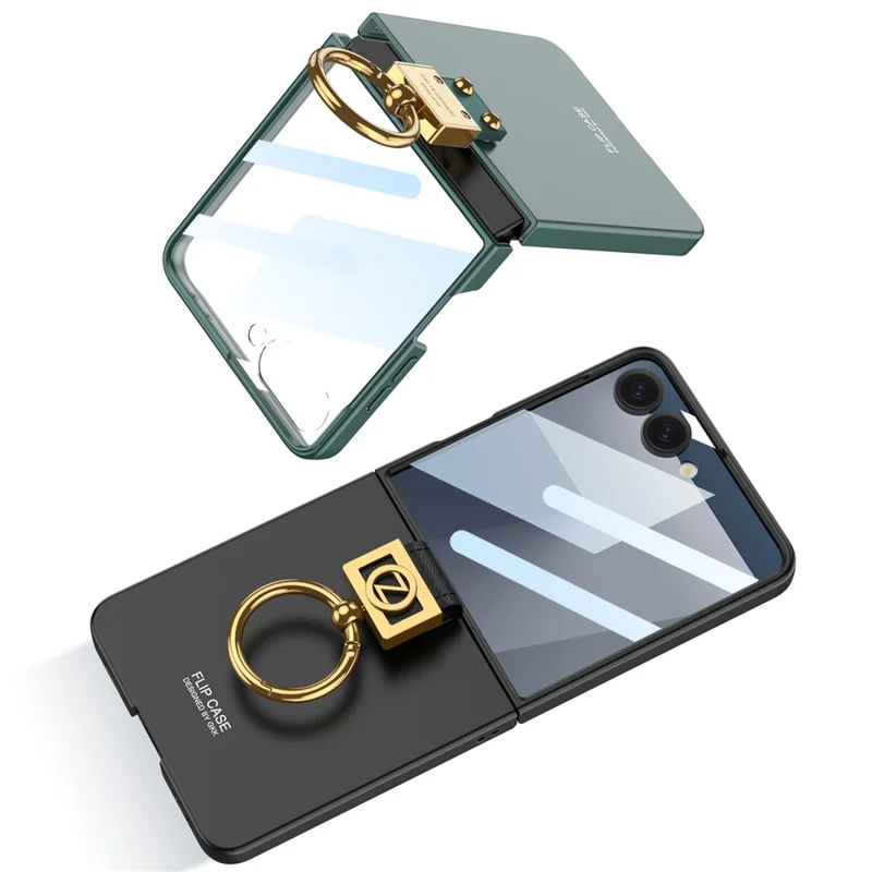 GKK For Samsung Galaxy Z Flip7 5G PC Phone Case with Ring Holder + Tempered Glass Front Screen Film - Black