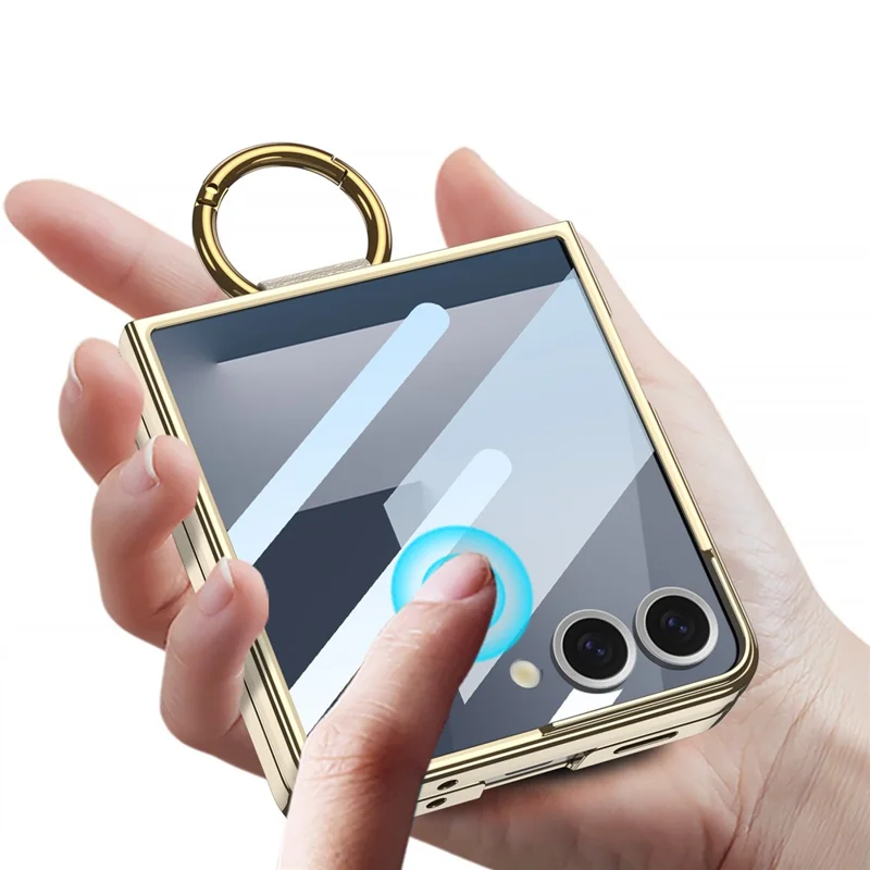 GKK Para Samsung Galaxy Z Flip7 5G Funda con Película de Pantalla / Anillo Soporte Electrochapado Duro PC Vidrio Templado Cubierta de Teléfono - Champán Dorado