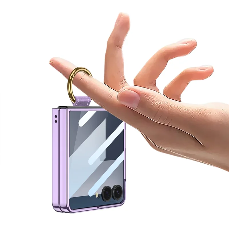 GKK Para Samsung Galaxy Z Flip7 5G Funda con Película de Pantalla / Anillo Soporte Electrochapado Duro PC Vidrio Templado Cubierta de Teléfono - Champán Dorado