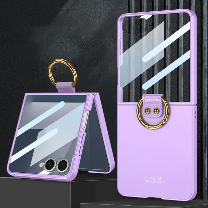 GKK Pour Samsung Galaxy Z Flip5 5G Coque PC + Film de Verre Trempé Arrière Coque de Téléphone avec Anneau Support - Violet