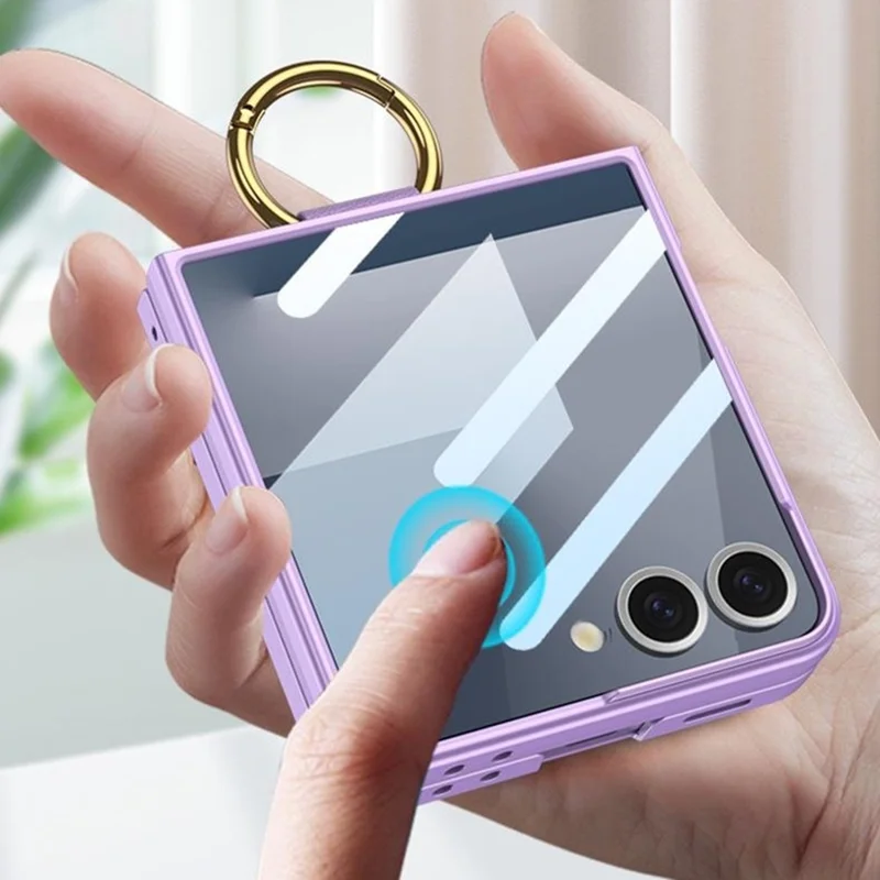 GKK Pour Samsung Galaxy Z Flip5 5G Coque PC + Film de Verre Trempé Arrière Coque de Téléphone avec Anneau Support - Violet