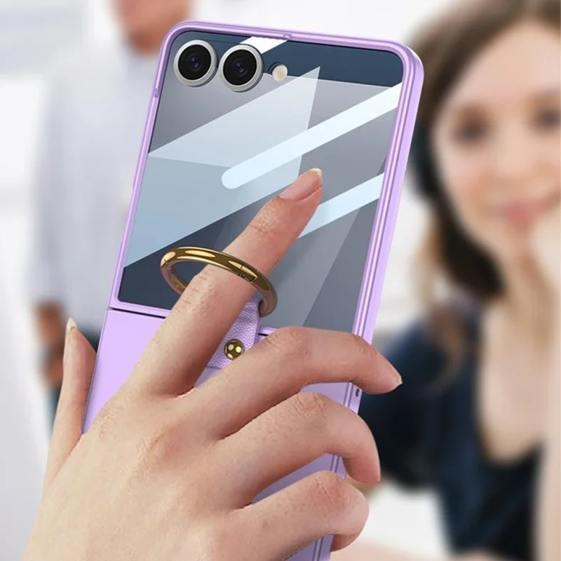 GKK Pour Samsung Galaxy Z Flip5 5G Coque PC + Film de Verre Trempé Arrière Coque de Téléphone avec Anneau Support - Violet