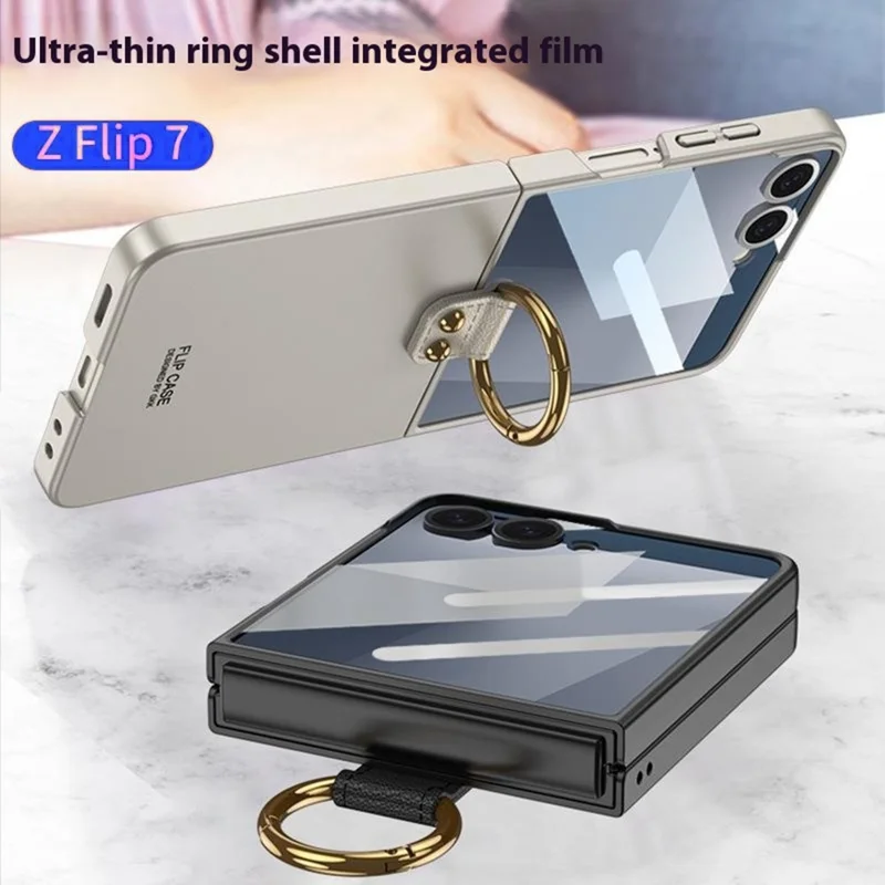 GKK Pour Samsung Galaxy Z Flip5 5G Coque PC + Film de Verre Trempé Arrière Coque de Téléphone avec Anneau Support - Violet